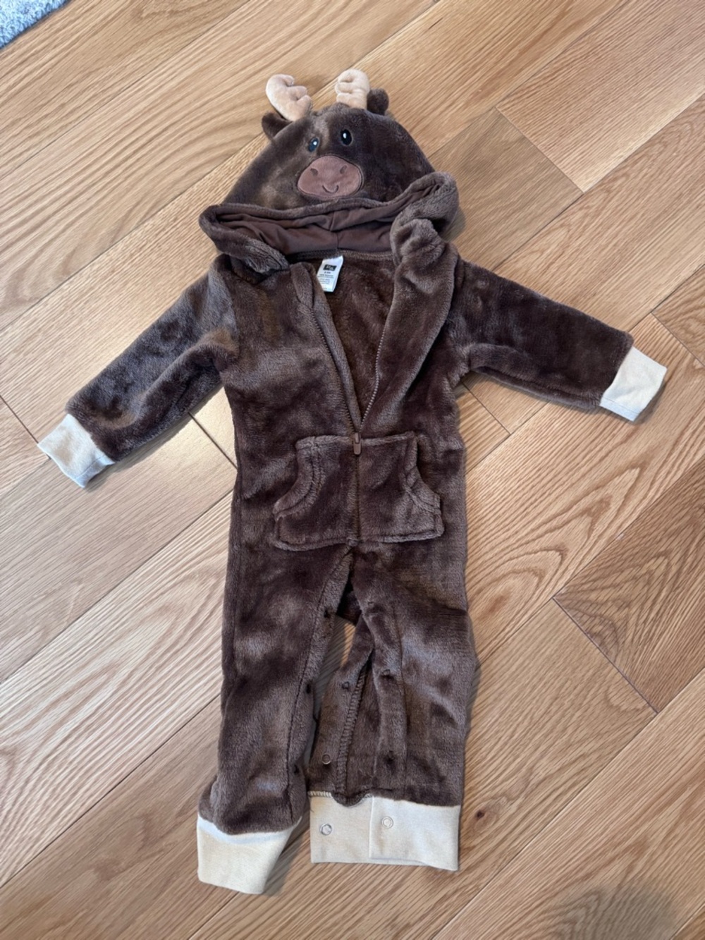 Brown Moose Hooded Plush Baby One-Piece